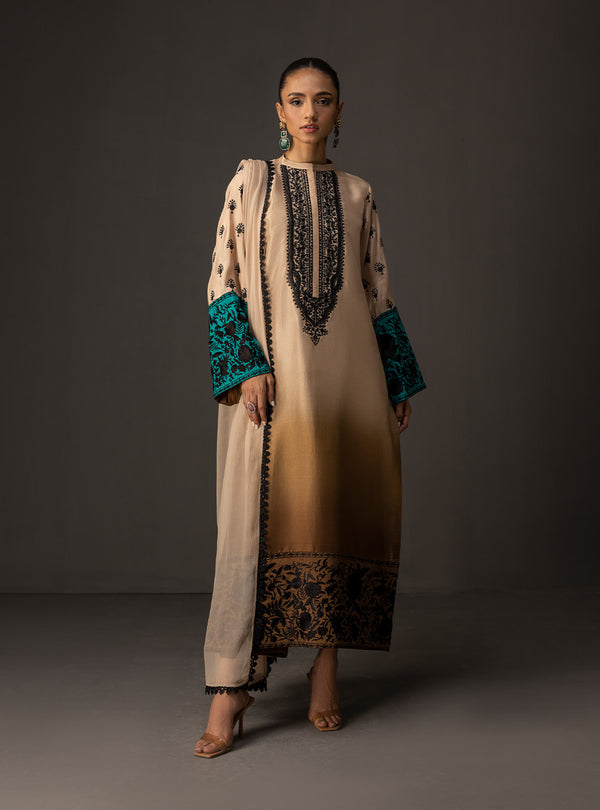 3Piece Unstitched Embroidered and Printed SIlk Suit 229