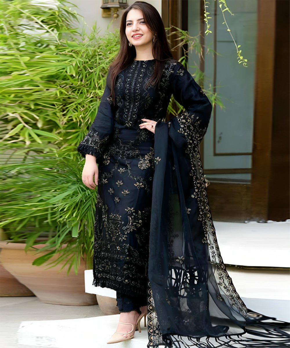 Black Linen Unstitch 3PC Embroidered-1020W