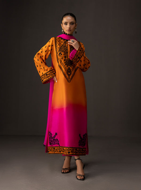 3Piece Unstitched Embroidered and Printed SIlk Suit 228