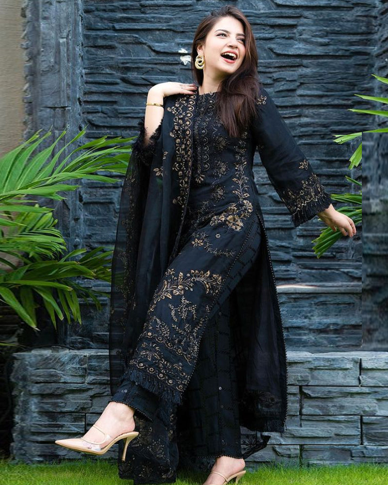 Black Linen Unstitch 3PC Embroidered-1020W