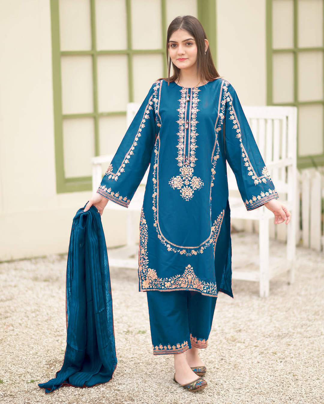 Sequence Embroidered on Shirt, Sleeves with Embroidered Trouser 3PCs