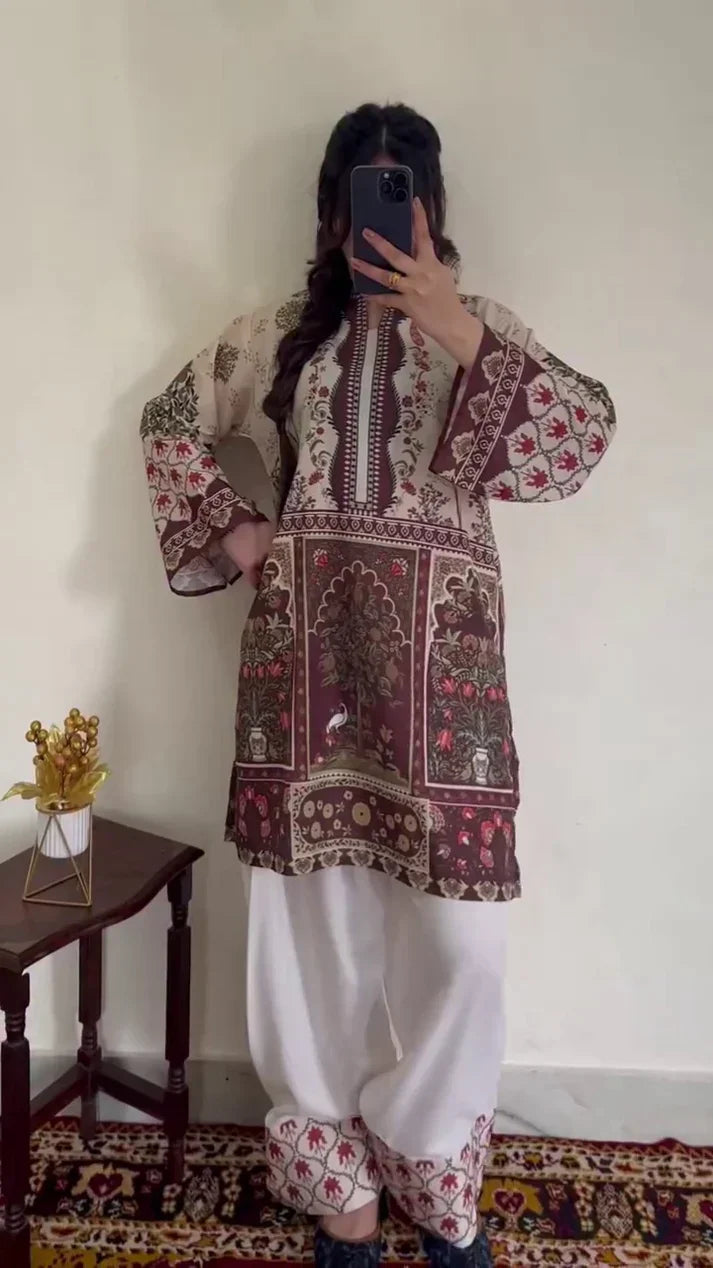 Floral Lawn Suit – Brown & Off White