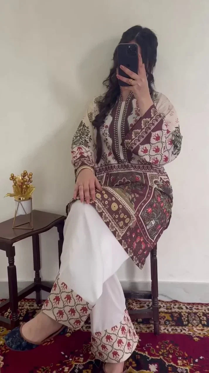 Floral Lawn Suit – Brown & Off White