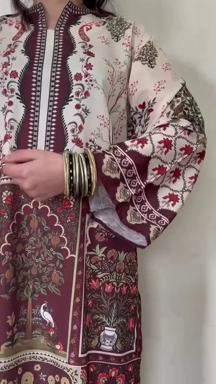Floral Lawn Suit – Brown & Off White